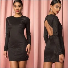 Bardot Open Back Long Sleeve Metallic Knit Mini Dress Black Size 4 XS