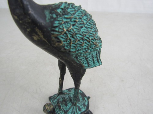 Messing/Bronze bemalt Kranich stehend auf Schildkröte Figur 7 1/8" groß - Bild 3 von 13
