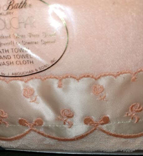 Vintage J.Abouchar Peach Floral Set of Towels Satin Edging Bath Towel Hand Wash - Picture 3 of 6