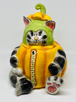 Blue Sky Clayworks Ceramic Kitty Black White Cat Pumpkin Halloween Cookie Jar