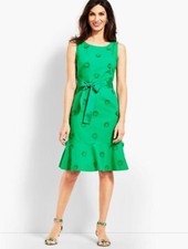 TALBOTS Floral Applique Fit & Flare Clover Green Dress Size 10P +Fiesta Earrings