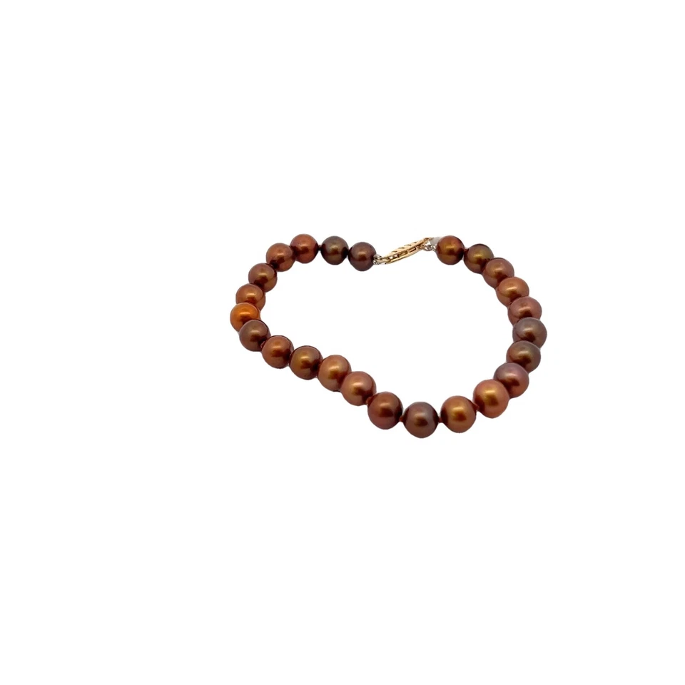 Brazalete de perlas teñidas de chocolate de agua dulce genuinas de oro amarillo de 14 k de 6,5-7,0 mm Foto 3 de 4