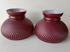 PAIR OF VINTAGE BURGUNDY MILK GLASS SWIRL RIB GLOBE LAMP SHADES 7" FITTER