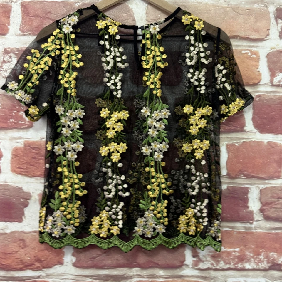 Camisa Elli Blanca Mujer Grande Negra Transparente Bordada Floral Encaje Vieira Dobladillo Foto 4 de 4