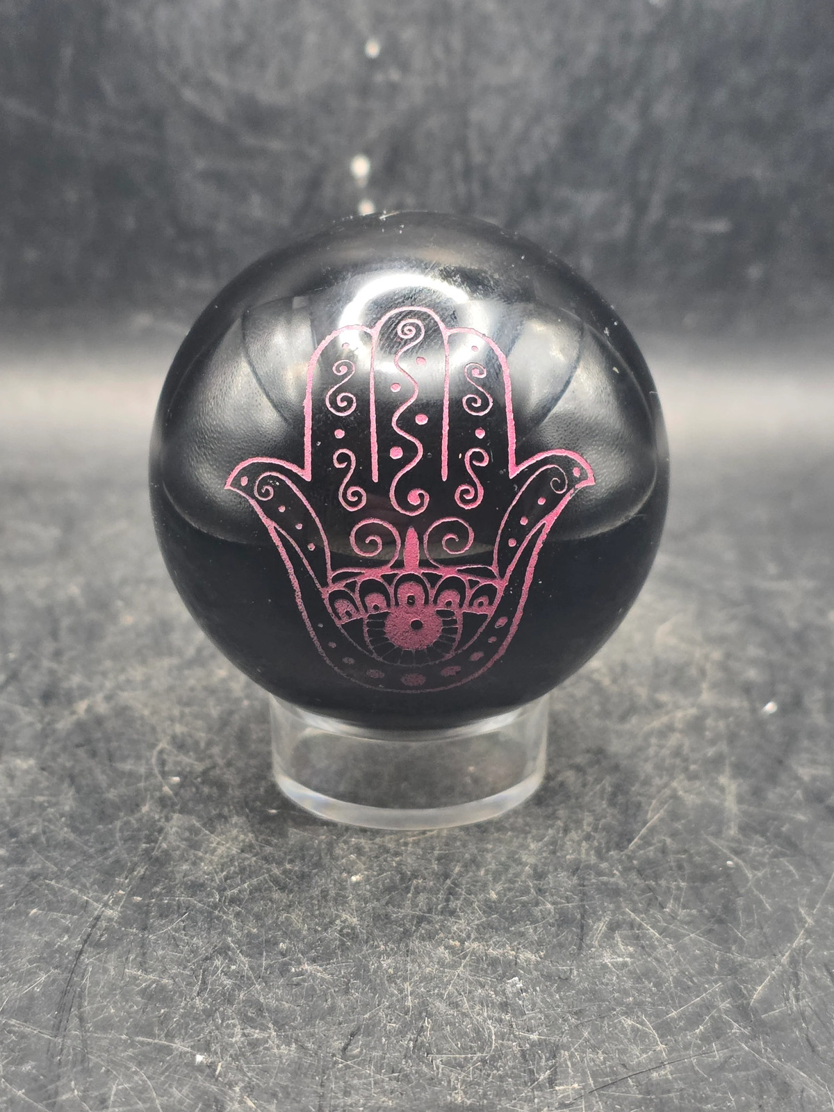 Black obsidian pink hamsa hand sphere! 7.8 ounces, 2.2 inches!