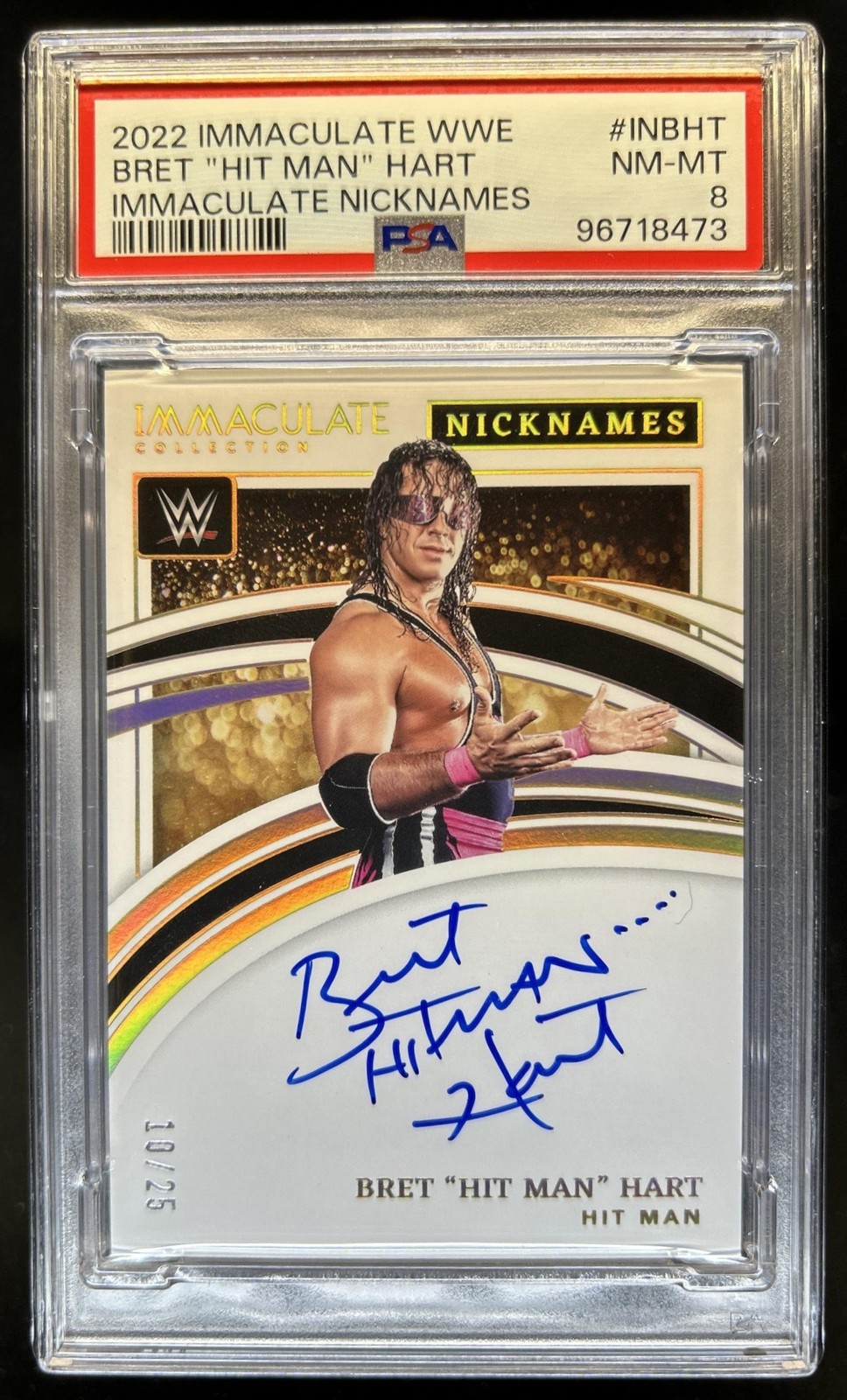 2022 Immaculate WWE Bret "Hit Man" Hart Nicknames Auto Autograph #/25 PSA 8 view 1