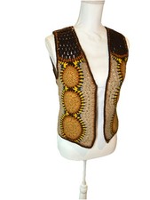 Knitivo Hand Crochet Granny Squares Vest Women Sz M Earth Tones Boho 70s
