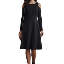 LOFT Womens Black Cold Shoulder A-Line Dress Long Sleeve Size 6 Ponte Knit LBD