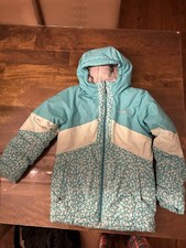 Columbia Girls Hooded Insulated Ski Jacket M Light Blue White Patterned