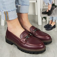 Shoes Loafers Chunky Heel Comfy Slip On Work Chain Office School Womens Sizes