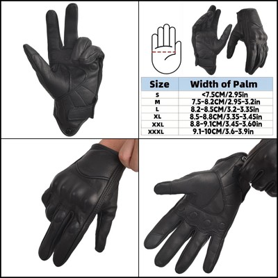 Sibewora Men's Leather Motorcycle Gloves   Touchscreen, Full Finger, Black, XXL