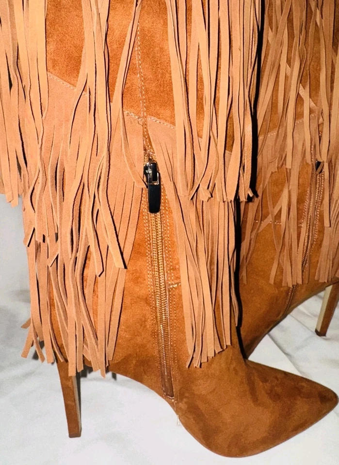 Botas de aguja con flecos Nine West hasta la rodilla coñac para mujer talla 11M Foto 3 de 4