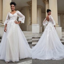 Puff Sleeve Lace Tulle Wedding Dress V Neck A Line Boho Bridal Gown With Train