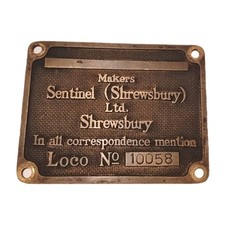 Railwayana Brass Worksplate Sentinel (Shrewsbury) Ltd. Loco No.10058 13cm X 10cm