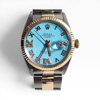 Rolex Date 34 mm Two Tone Blue Turquoise Oyster Automatic Watch 1500 Circa 1969