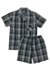 Mens 2pc Gray  Burgundy Check Pajamas Cotton Blend Shorts  Shirt Sleep Set S