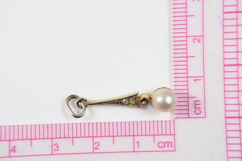 N39N37- Gold 585 14kt Anhänger mit Altschliff Diamanten und Perle - Bild 11 von 12