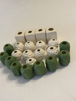 VTG  Lot Of 22 Handmade Ceramic Macrame Beads White Green Textured 1  To 1 3/4 