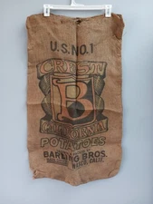 Vintage Crest B Burlap Potato Sack 100 Lb Barling Bros Wasco California 