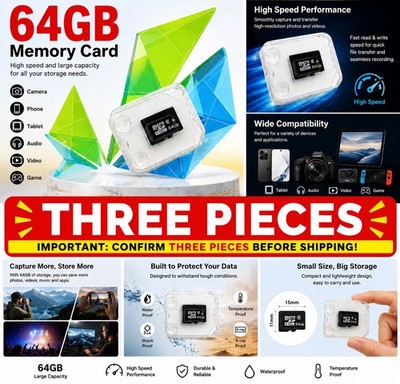3 PCS 64GB Micro SD Memory Card TF Flash Card High Speed Storage for Camera
