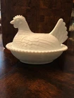 Vintage Indiana Glass Milk Glass Hen/Rooster On Nest Covered Dish