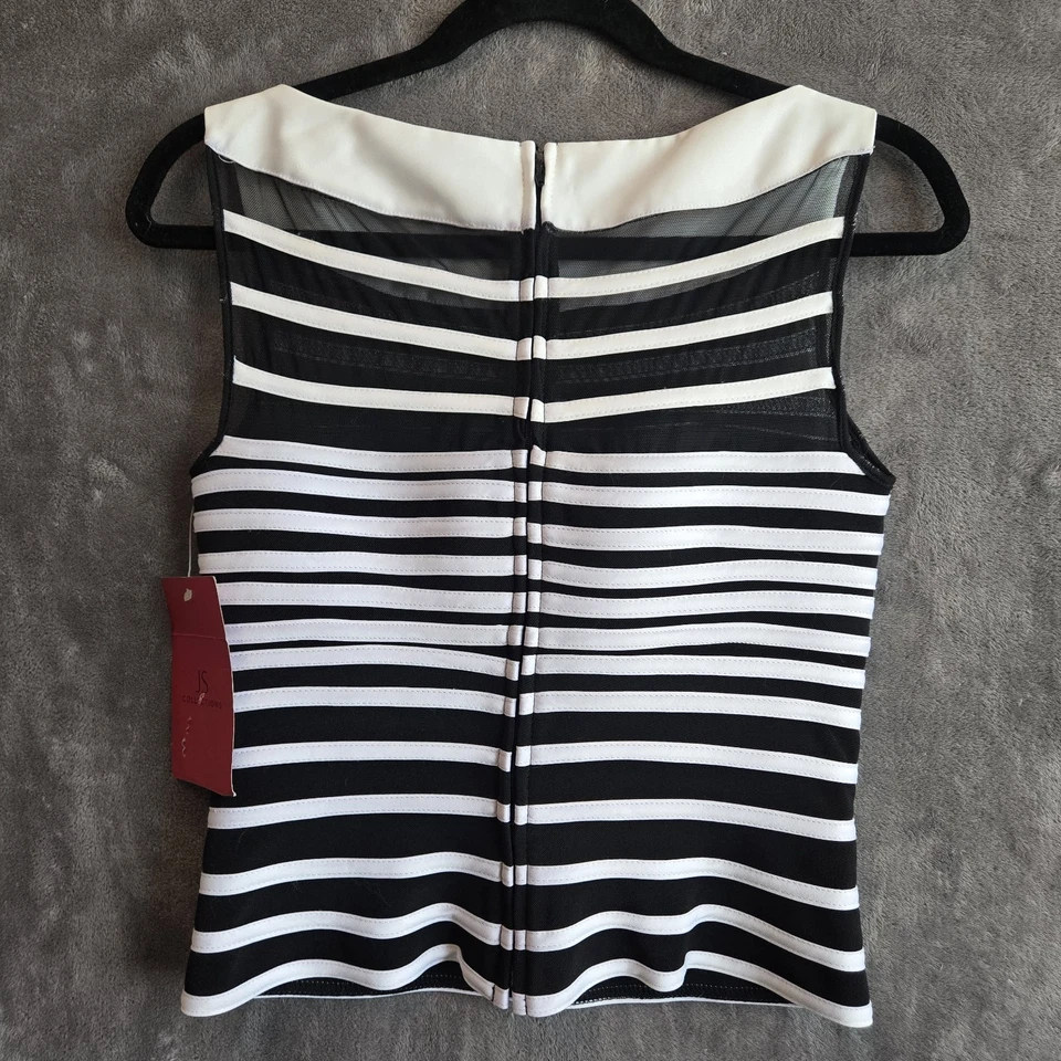 JS Collections Sheer Black White Ribbon Top Boat Neck Striped Size 4 Y2K - Image 2 of 4