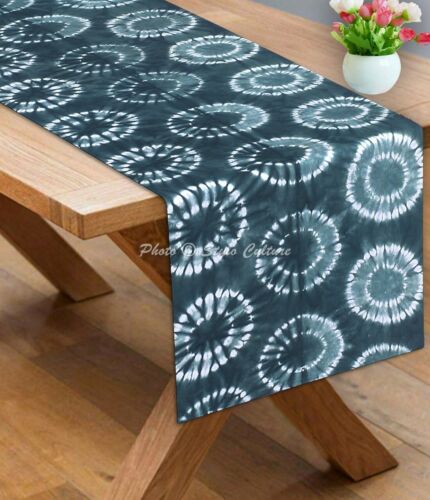 Indian Cotton Canvas Table Runner Shibori Green Circles Long Tie Dye Table Cover - Picture 1 of 8