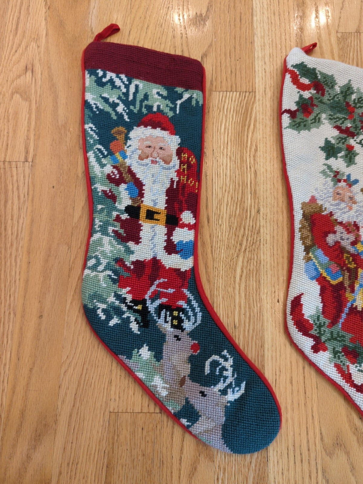 Lot Of 2 SFERRA Needlepoint Christmas Stockings SANTA TREE REINDEER A1