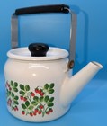 Cute & Useful!  Vtg White Enamel  w/ Strawberry Fields ~ Small Stove Top TeaPot — photo 3