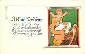 DB-Embossed-Postcard-E445-A-Glad-New-Year-Baby-Father-Time-with-Angel-Wings
