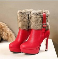 Women Round Toe High Heel Faux Fur Pumps Party Pu Leather Boots Ankle Boots