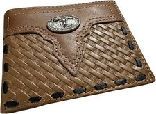 Western Stakes Leather Wallet Basketwave Cowboy Texas Longhorn Concho Cowhide