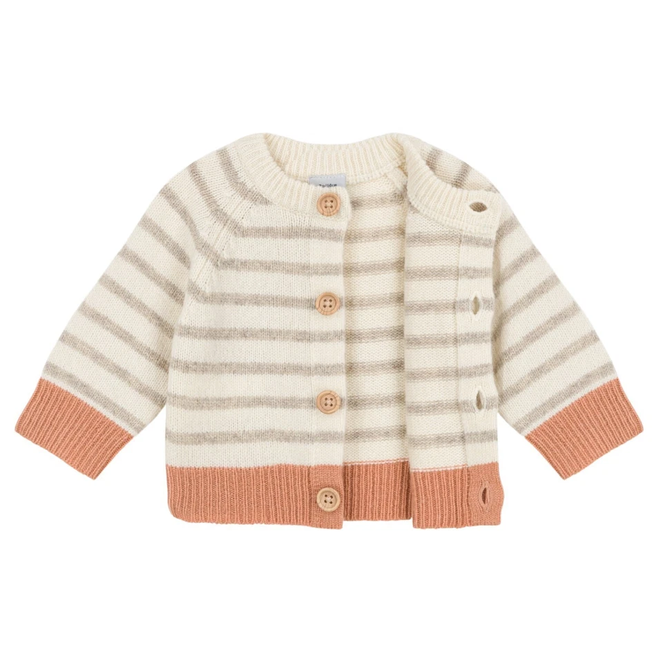 Petit Bateau Baby Strickjacke Cardigan beige weiß Streifen Muster Gr.6-36 Monate
