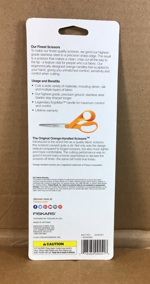 Single Fiskars 8 in 20 CM Bent Orange Original Scissors NEW Lifetime