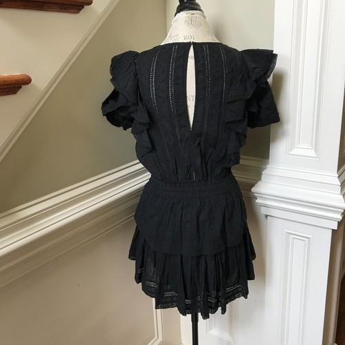 LoveShackFancy Natasha Mini Abito Donna XS Nero Cotone Increspato Manica Corta - Foto 9 di 11