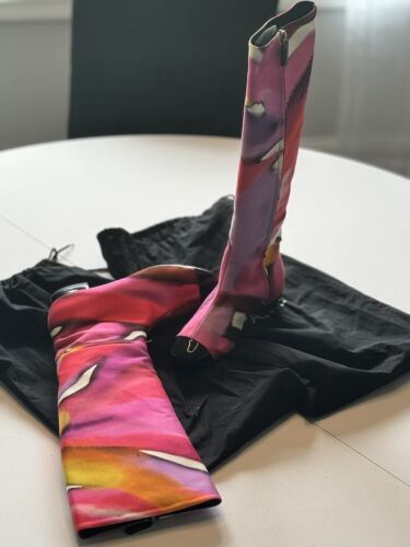 Chanel Black Patent Leather Pink Knee Tall Flat Boots Shoes Size 7 - Picture 3 of 17