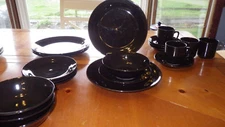 Black Stoneware Dinnerware Set Service for 4 19 pieces 3 bowls GUC Starter Set