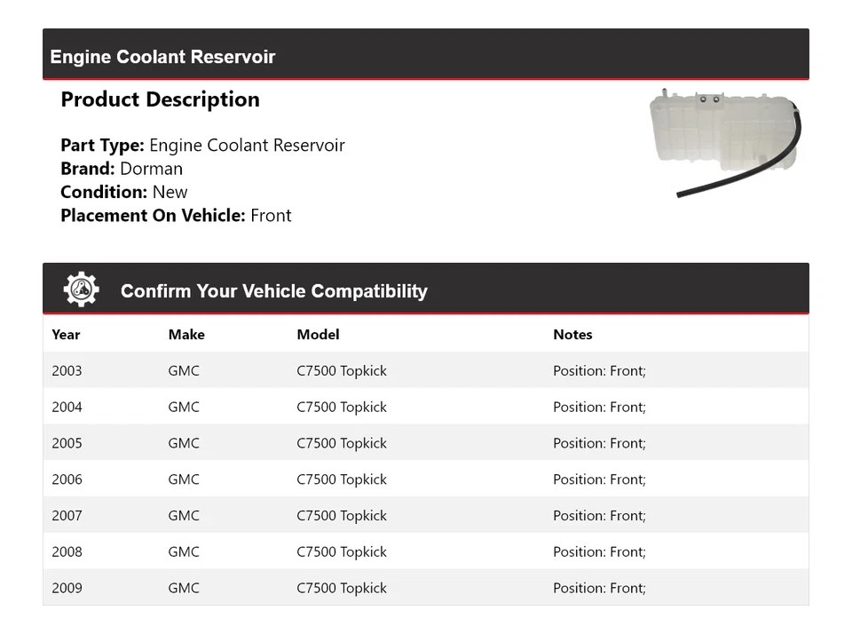 Depósito de refrigerante delantero para motor GMC C7500 2003-2009 Topkick Dorman 2004 2005 Foto 2 de 4