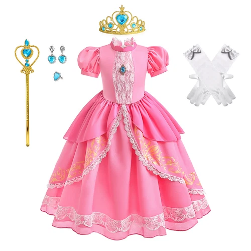 Mädchen Prinzessin Pfirsich Kostüm rosa Spitze Kleid Geburtstag Party Halloween Outfits - Bild 1 von 5