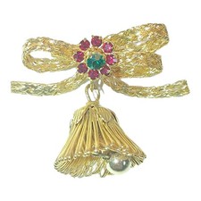 Rhinestone Christmas Bell & Ribbon Gold Tone Brooch Holiday Pin  