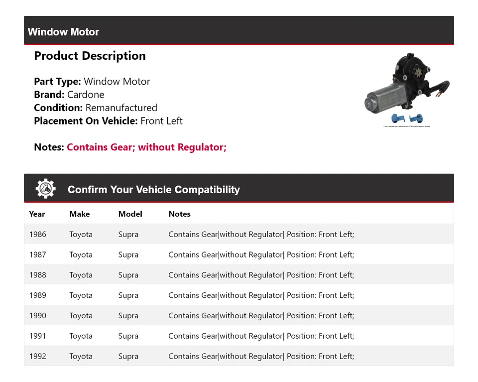 For 1986-1992 Toyota Supra Window Motor Front Left Cardone 1987 1988 1989 1990 - Image 2 of 4