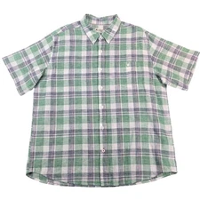 Weatherproof Vintage Shirt Mens XL Green Plaid Linen Cotton Short Sleeve Casual