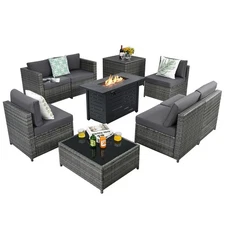 9 PCS Wicker Sofa Rattan Dinning Set w/ 60,000 Btu Heater Propane Gas Fire Pit
