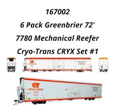 Rapido 167002 HO Greenbrier 72' IL 7780 Mechanical Reefer Cryo-Trans CRYX 6 Pack