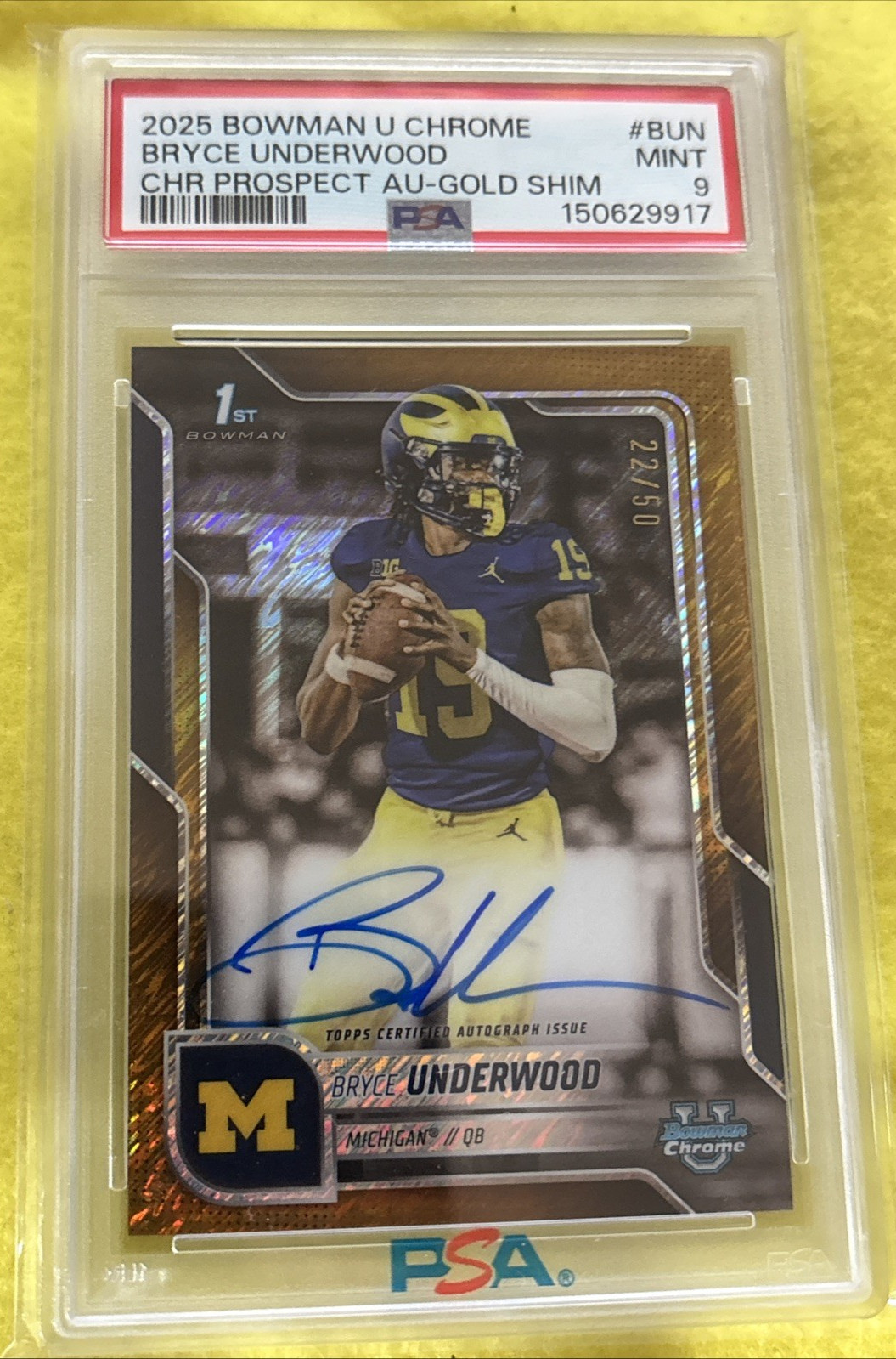 PSA 9 2025 Bowman Chrome U Bryce Underwood Auto Gold Shimmer Refractor #22/50