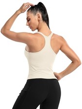 ATTRACO WOMEN RIBBED WORKOUT CROP TOPS WITH BUILT IN BRA YOGA RACERBACK - BEIGE