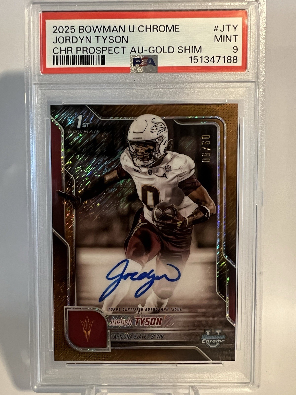 2025 Bowman U Chrome Jordan Tyson 1st Bowman Gold Shimmer Refractor Auto /50