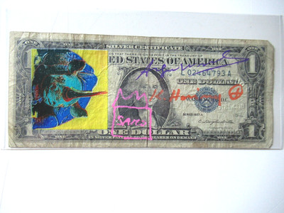 C) A. WARHOL/K. HARING/J. M.BASQUIAT: 1US$ ORIGINAL  4x SIGNIERT, SKIZZIERT