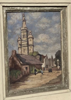 Tableau signé. Place du Village Peinture huile sur panneau de bois - Photo 1/4