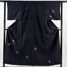 Japanese Silk Kimono S 155cm Black Colored paper Sashiko embroidery Lined 015858